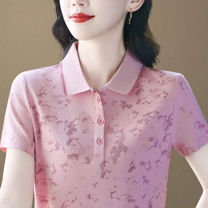 冰丝短袖t恤女夏装2025新款妈妈印花polo衫百搭减龄显瘦上衣翻领