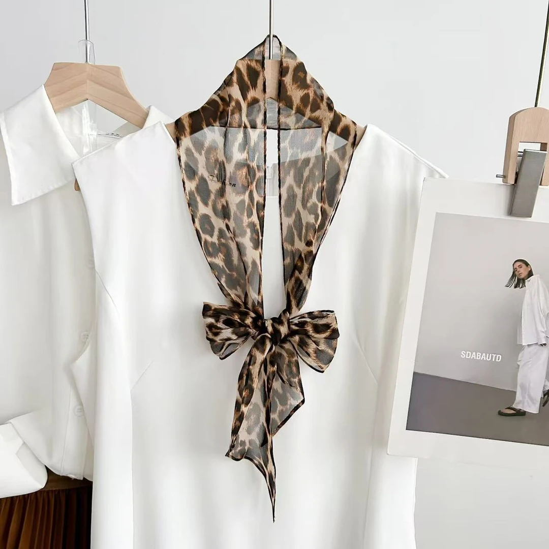 时尚豹纹真丝丝巾女春夏新款100%桑蚕丝隐格乔其长条领巾杭州丝绸