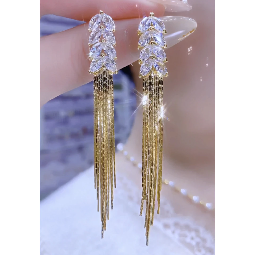 铜合金合成锆石耳饰 百搭轻奢时尚气质超仙优雅麦穗流苏耳钉