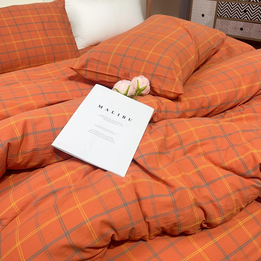 【四季款】色织全棉水洗棉四件套纯棉床单床上被套格子四件套透气