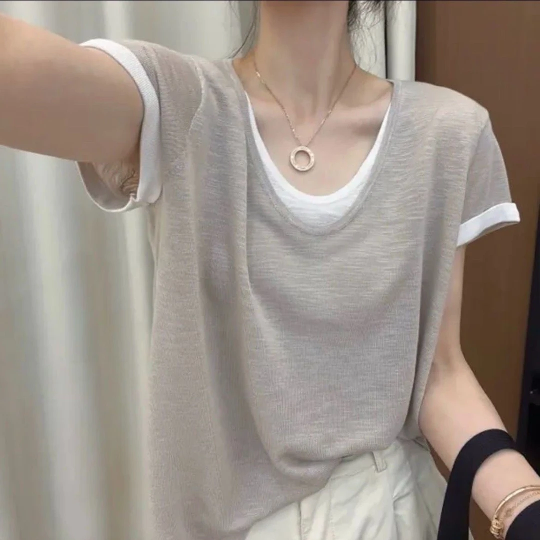 冰感透气短袖T夏装薄款假两件v领T恤宽松上衣显瘦百搭洋气衣服女