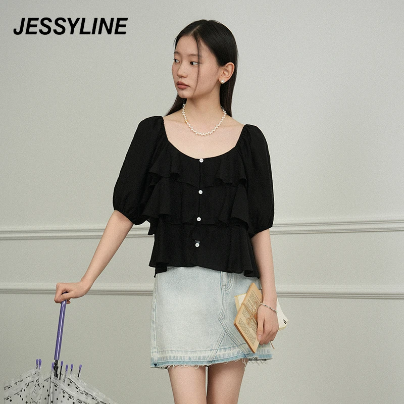 jessyline夏季新款女装 杰茜莱黑色淑女百搭短衬衫 425202569