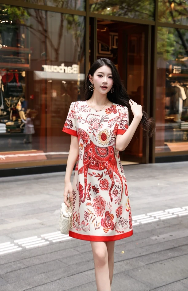 圆领成人夏季A字裙大码连衣裙高腰不褪色拼接拉链