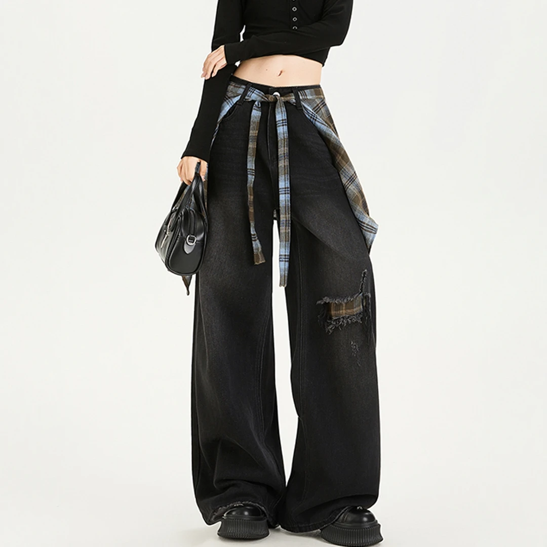 黑色可拆卸屁帘牛仔裤女装秋季美式复古水洗高腰假破洞阔腿直筒裤