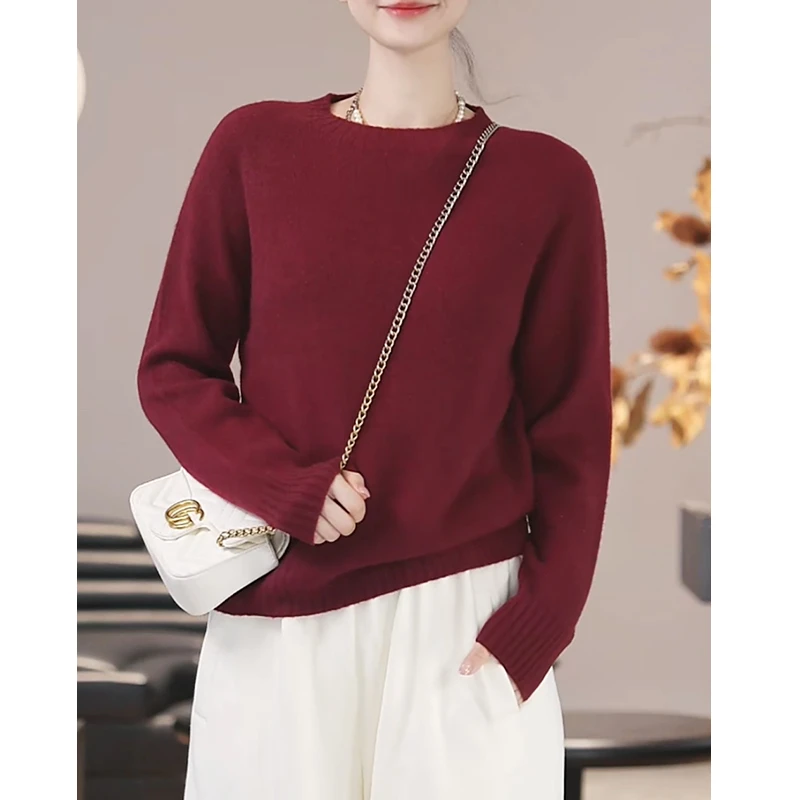 100%山羊绒新款宽松气质圆领套头针织上衣女士羊绒衫毛衣YR23515