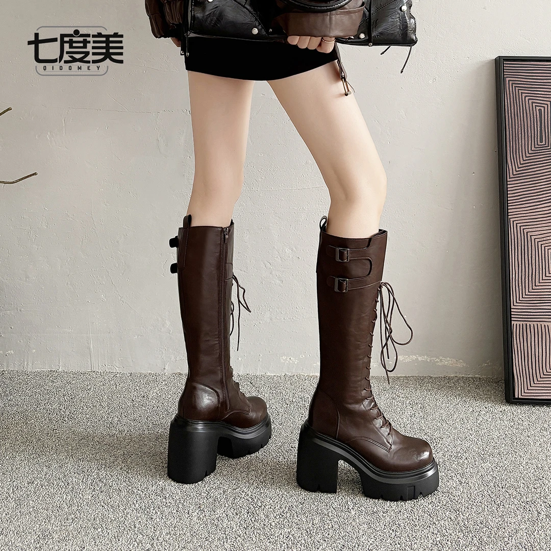 棕色美拉德骑士靴2025秋冬新款高跟靴子女厚底弹力修饰腿型长筒靴