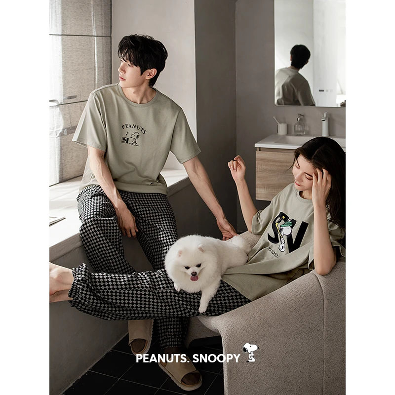 贝妍凉感情侣睡衣女夏季薄款纯棉史努比家居服男大码短袖长裤套装