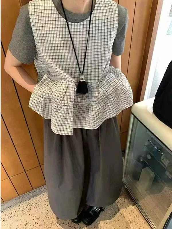 时尚套装INS风简约百搭吊带格子衬衫三件宽松夏季589