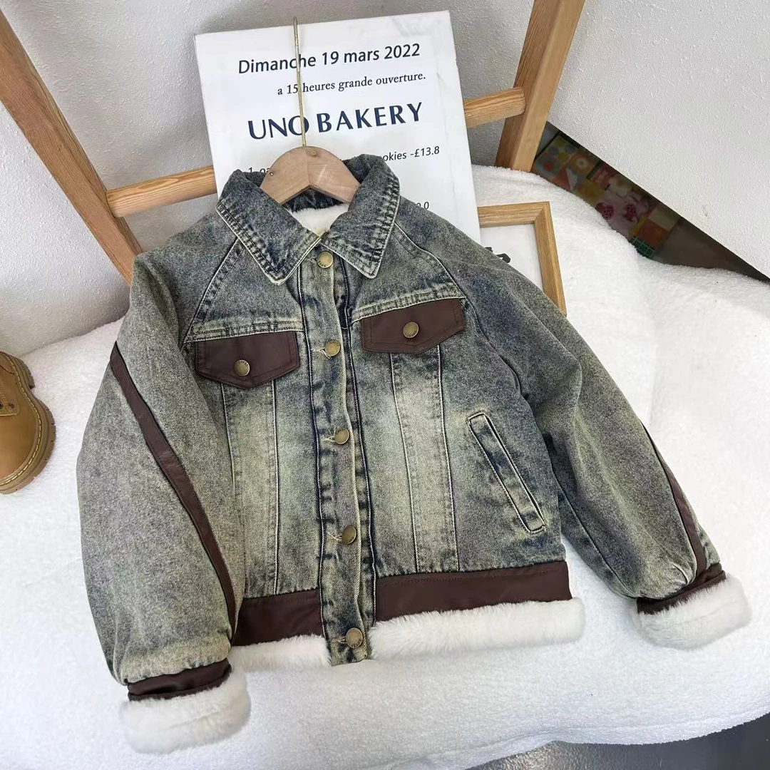 WT-9091 儿童牛仔时尚休闲加绒韩版拼接冬季拼色中童牛仔毛绒外套