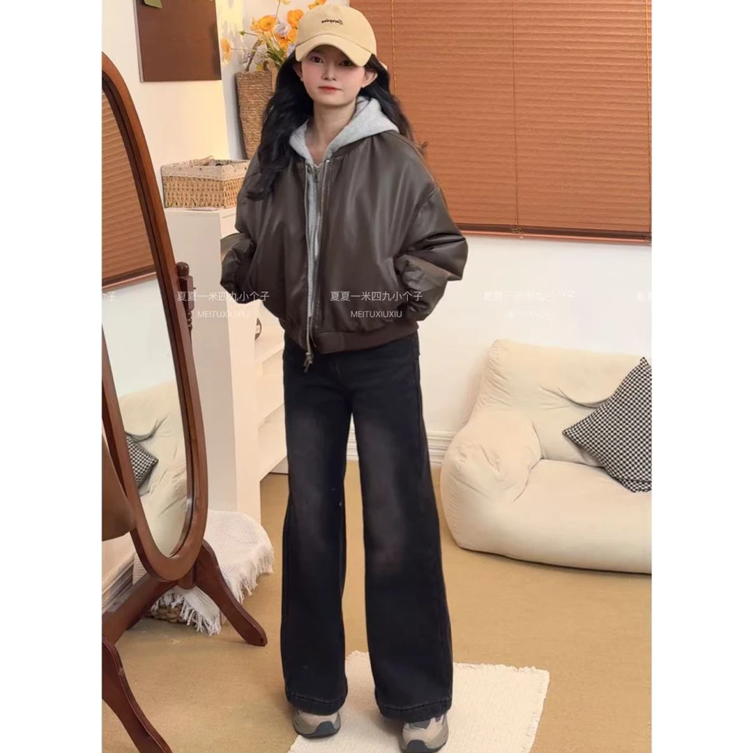 韩系秋冬小众复古拉链双口袋休闲宽松百搭假两件连帽加绒皮衣外套