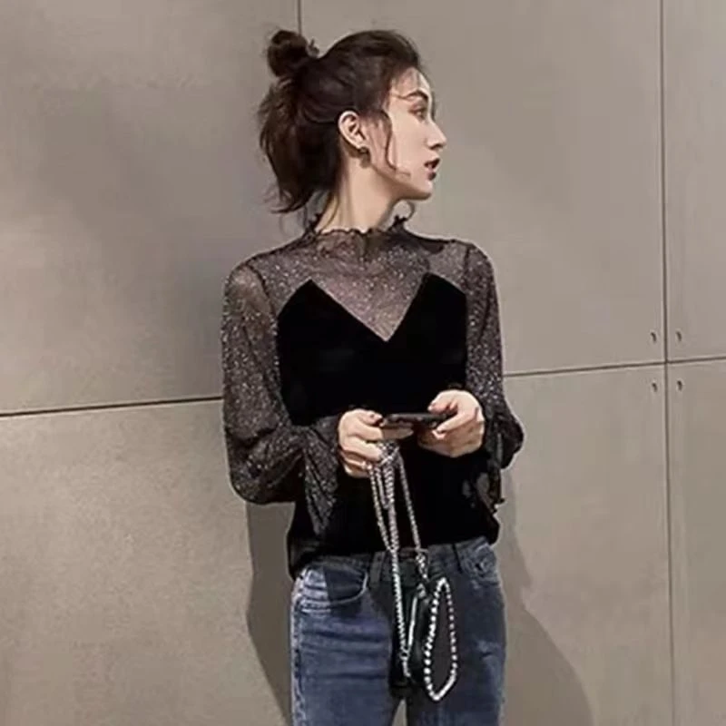 蕾丝拼接网纱长袖打底衫92207