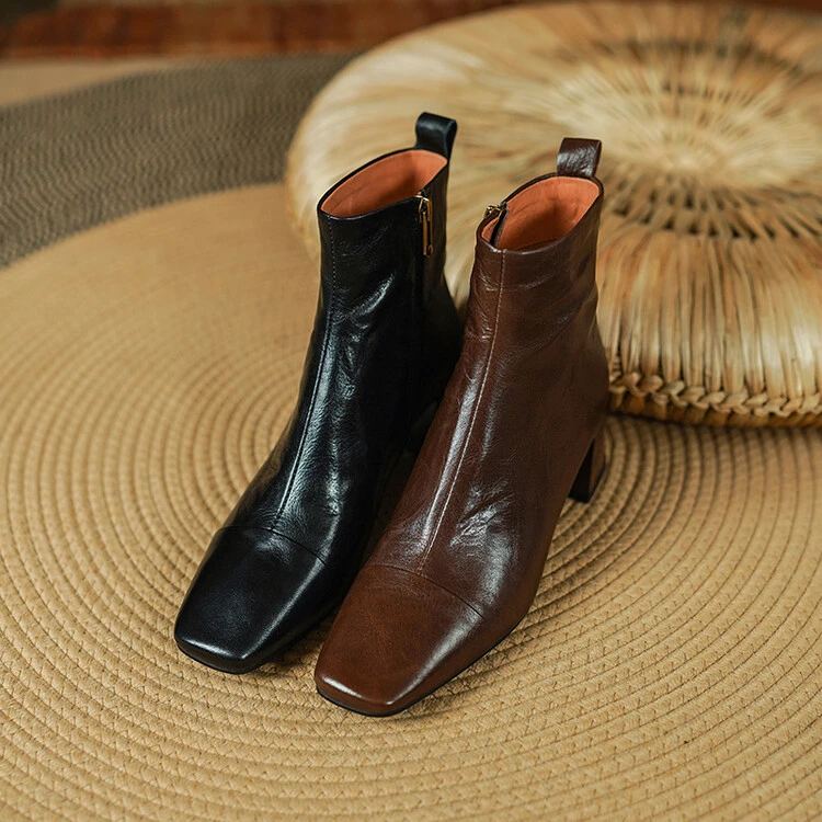 头层胎水牛/4.5cm/时装靴粗跟靴方头短靴女鞋时尚高跟女靴
