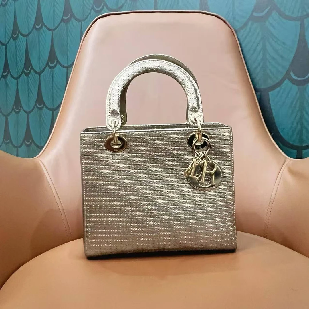 95新 DIOR/迪奥 蔚蓝/亮金色 四格戴妃 手提包  16年
