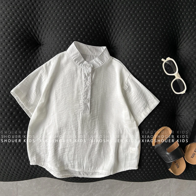 【兔小呗】夏季男女童韩版简约气质百搭休闲宽松短袖衬衫HBB7701