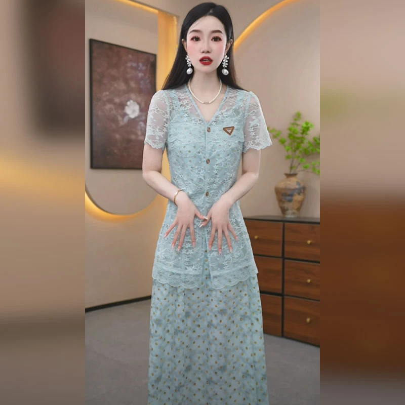 梦莎姿叠穿小衫套装裙女夏2025新款减龄穿搭桃心印花连衣裙两件套