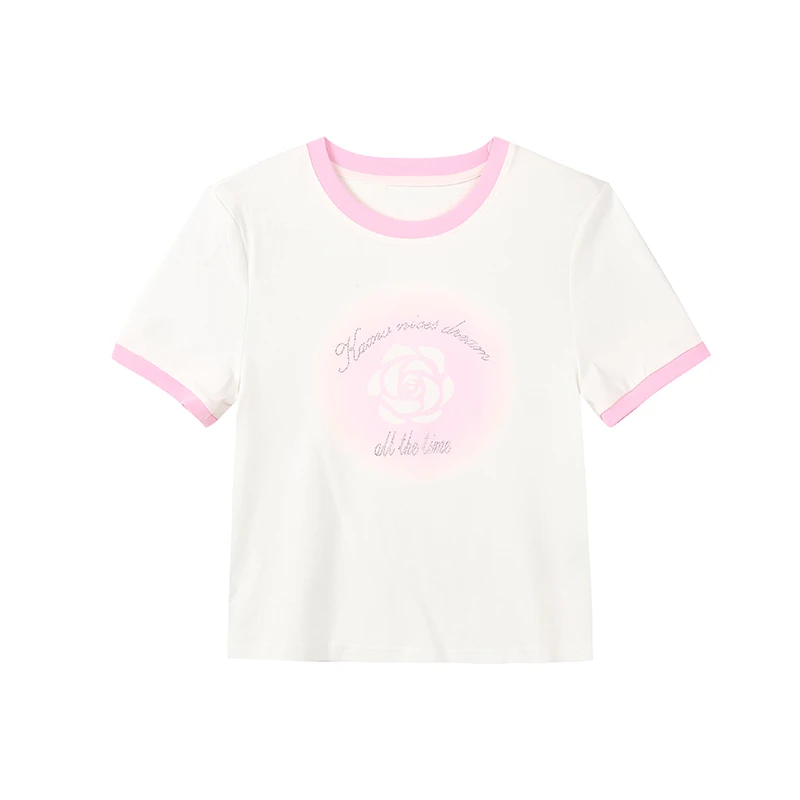 【小花专属】时尚玫瑰印花烫钻T恤N2079