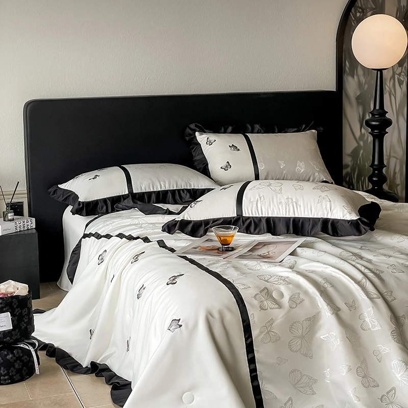 清凉季凉感夏被四件套高档绣花纯色冰丝薄被子色织提花薄款夏凉被