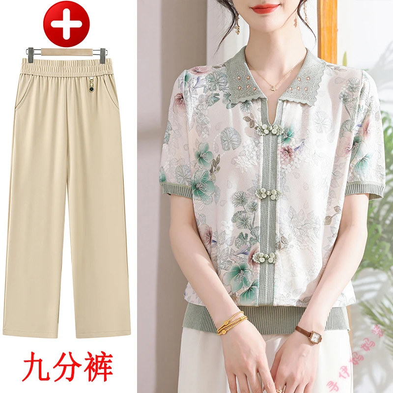 新款夏季时尚中老年女装针织新中式短袖打底衫洋气妈妈装薄款T恤