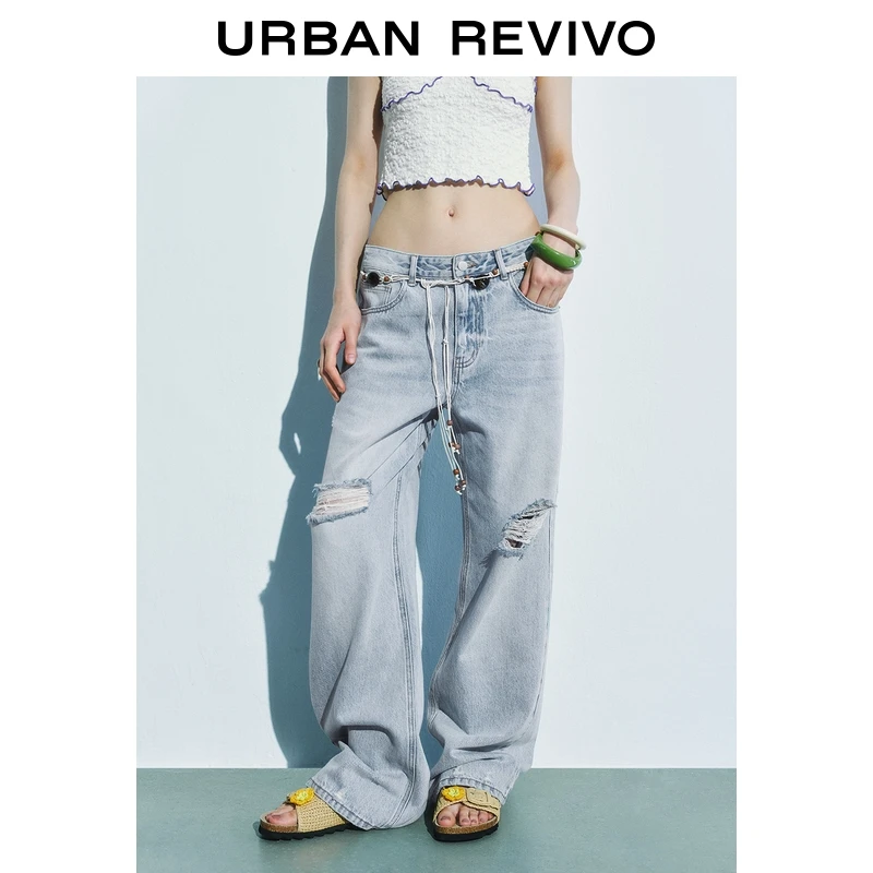 UR2025夏季新款女装时尚复古破洞刺绣图案牛仔长裤UYL850094