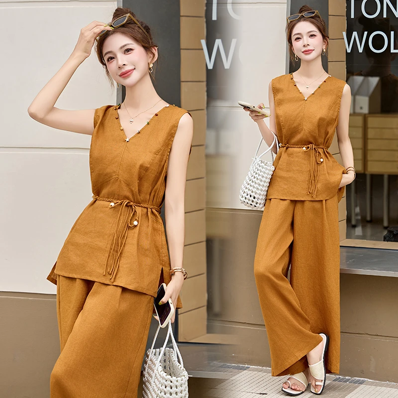 设计感无袖V领套装女2025夏季新款休闲时尚宽松百搭阔腿裤两件套