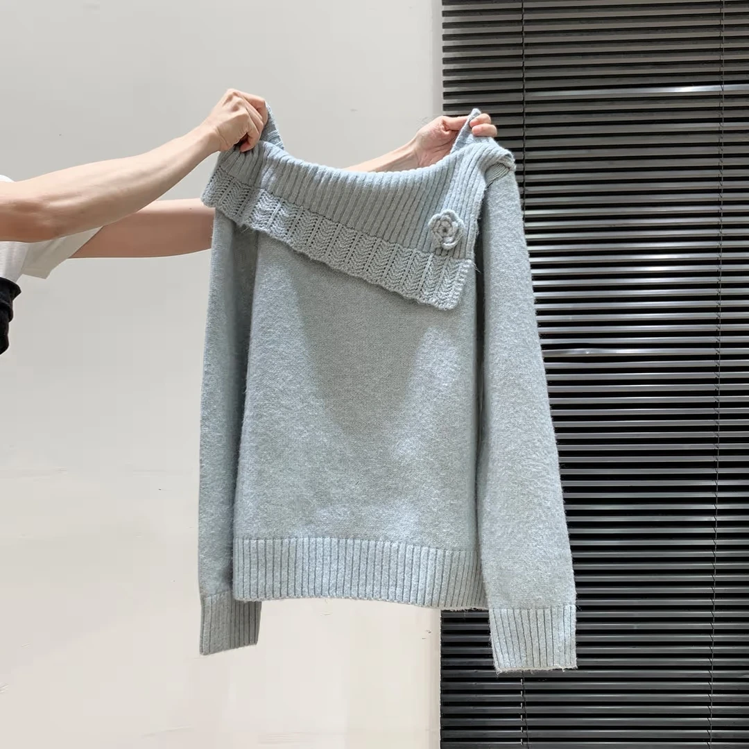 小婉薇韩式蓝色加厚长袖针织衫毛衣翻领斜肩露肩秋冬宽松上衣女