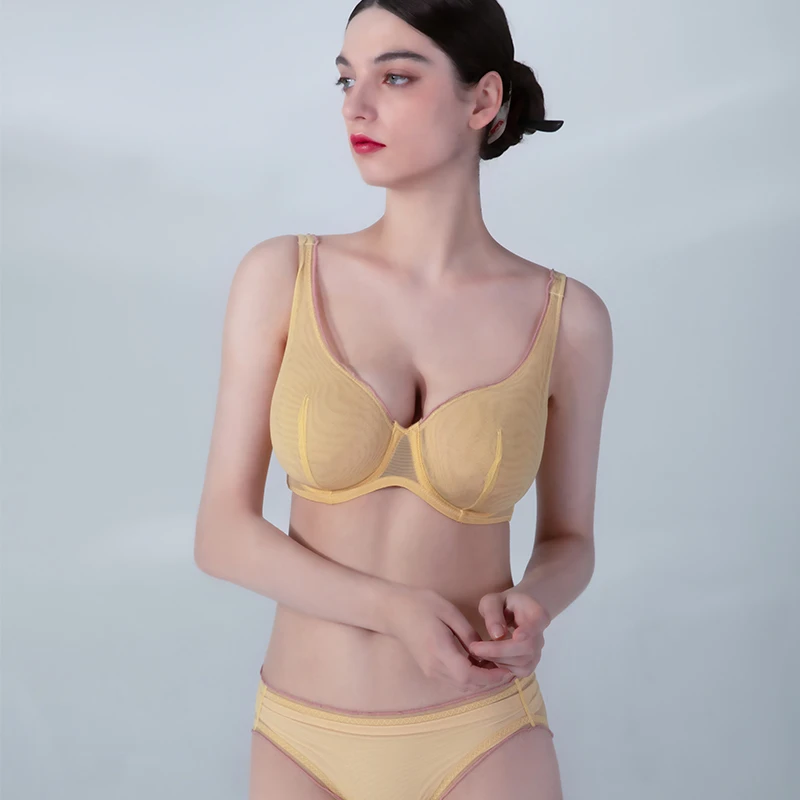 内衣女薄款大胸显小聚拢套装全罩杯收副乳防下垂大码超薄网纱文胸