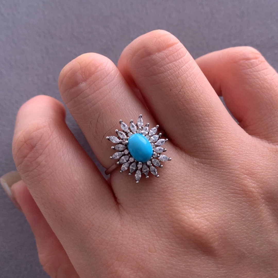 银S925镶嵌绿松石太阳花戒指