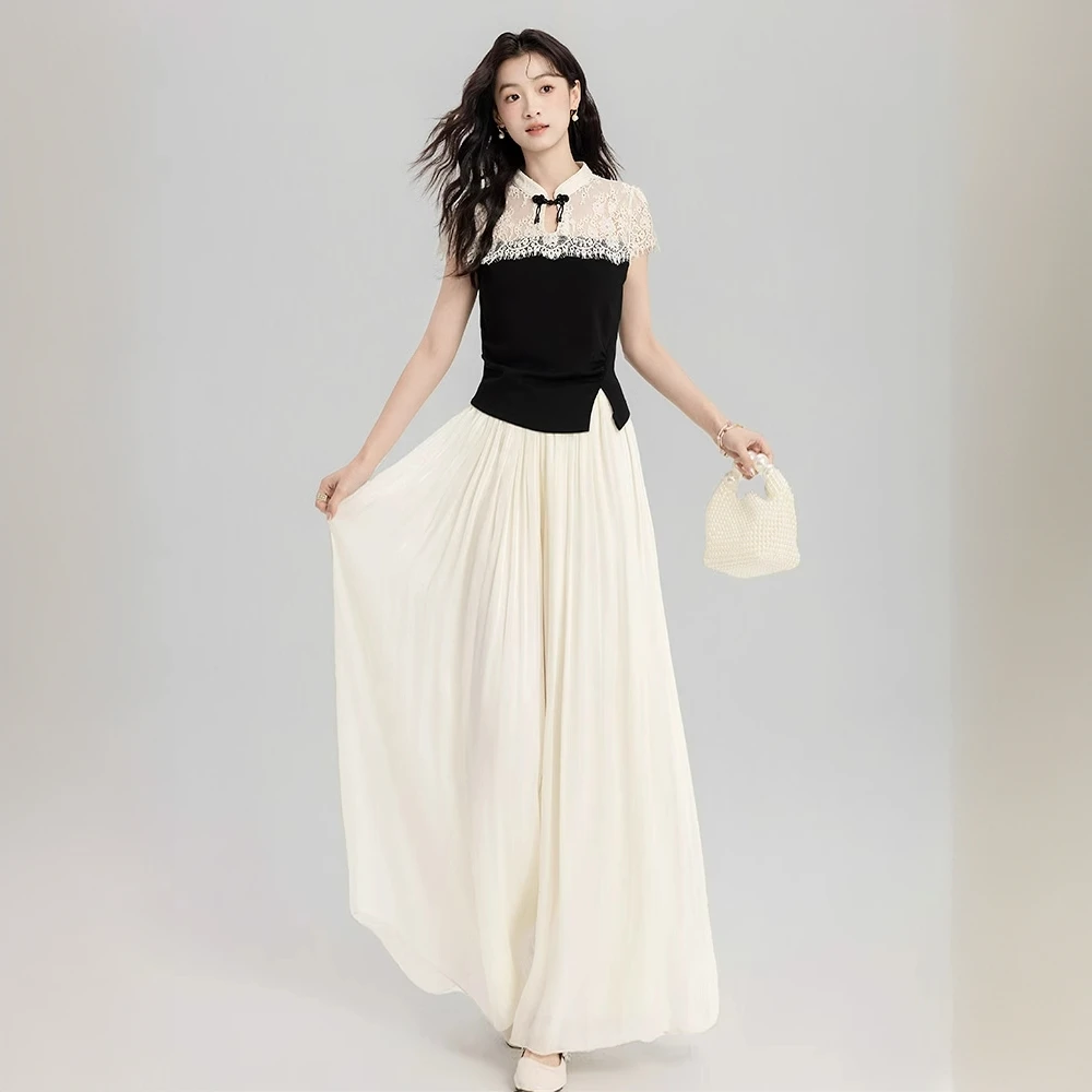 法式气质时尚套装女2025夏季拼接蕾丝洋气短袖上衣网纱裤裙两件套