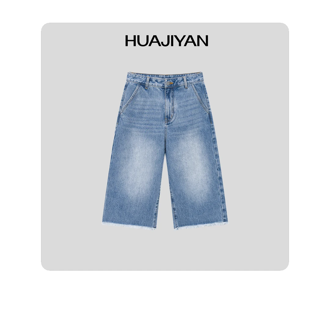 华吉言/HUAJIYAN【浅滩】特殊石磨水洗不规则毛边设计牛仔中裤