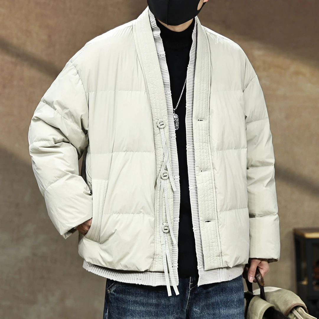90白鸭绒中式针织V领羽绒服男冬季新款拼接假两件保暖情侣外套潮