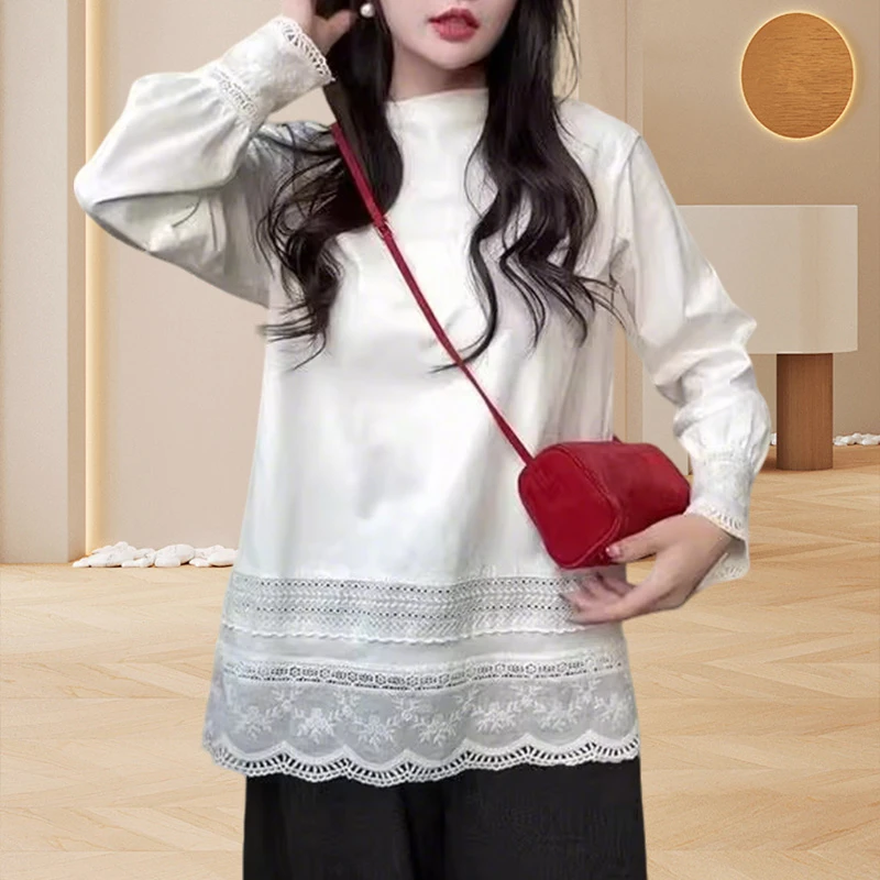 时尚洋气中长款蕾丝下摆花边长袖T恤女遮屁股宽松显瘦打底衫上衣