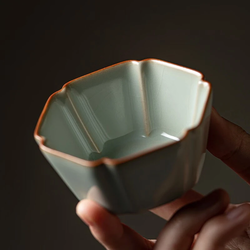 【央广非遗】汝山明汝窑古釉六方杯 家用个人杯功夫茶具精品礼盒装