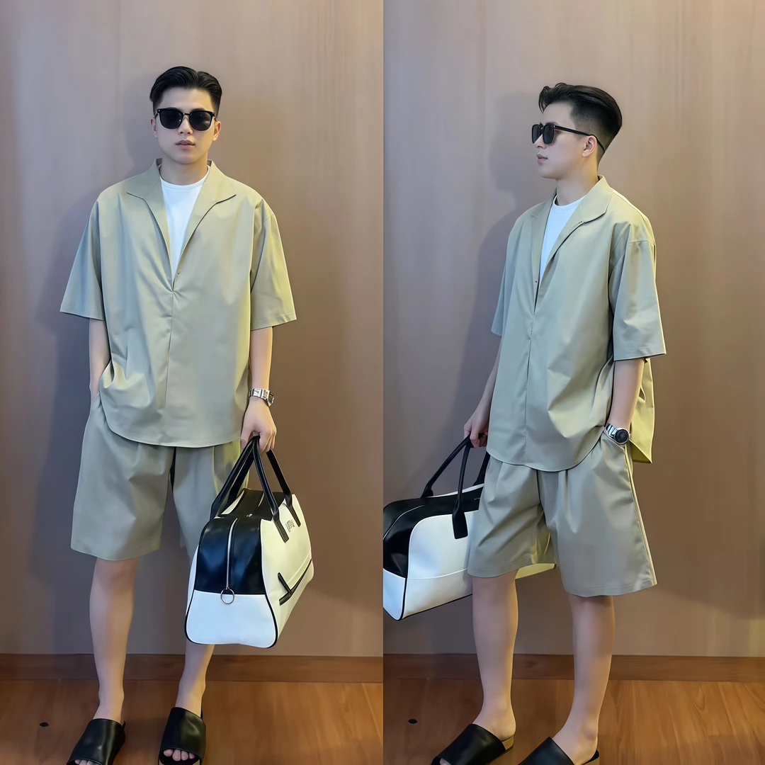 夏季老钱风高级感休闲套装男士深色轻奢V领假两件短袖短裤两件套