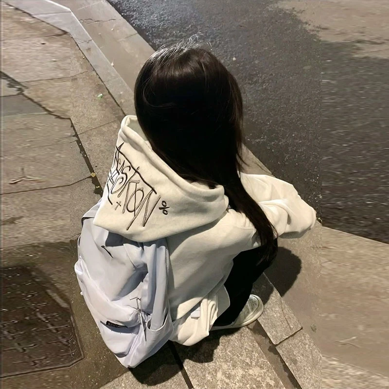 韩系氛围感穿搭!字母刺绣连帽卫衣女秋冬季加绒加厚宽松外套上衣