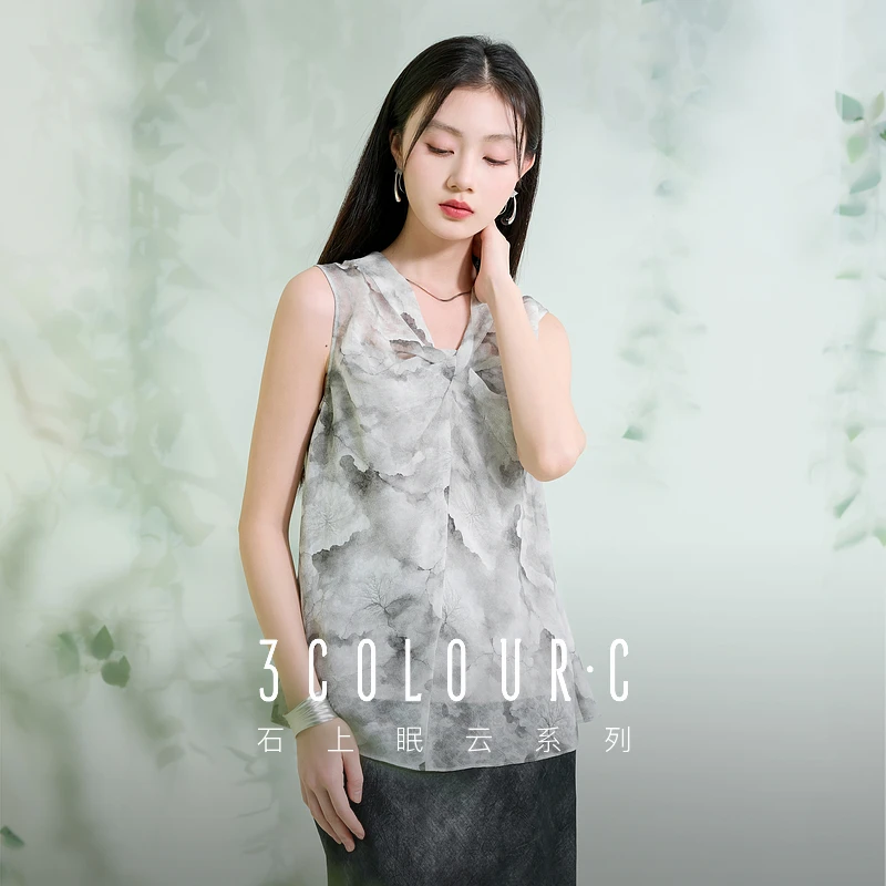 三彩【玉影清辉】2025夏季新款新中式V领衬衣吊带两件套衬衫女C