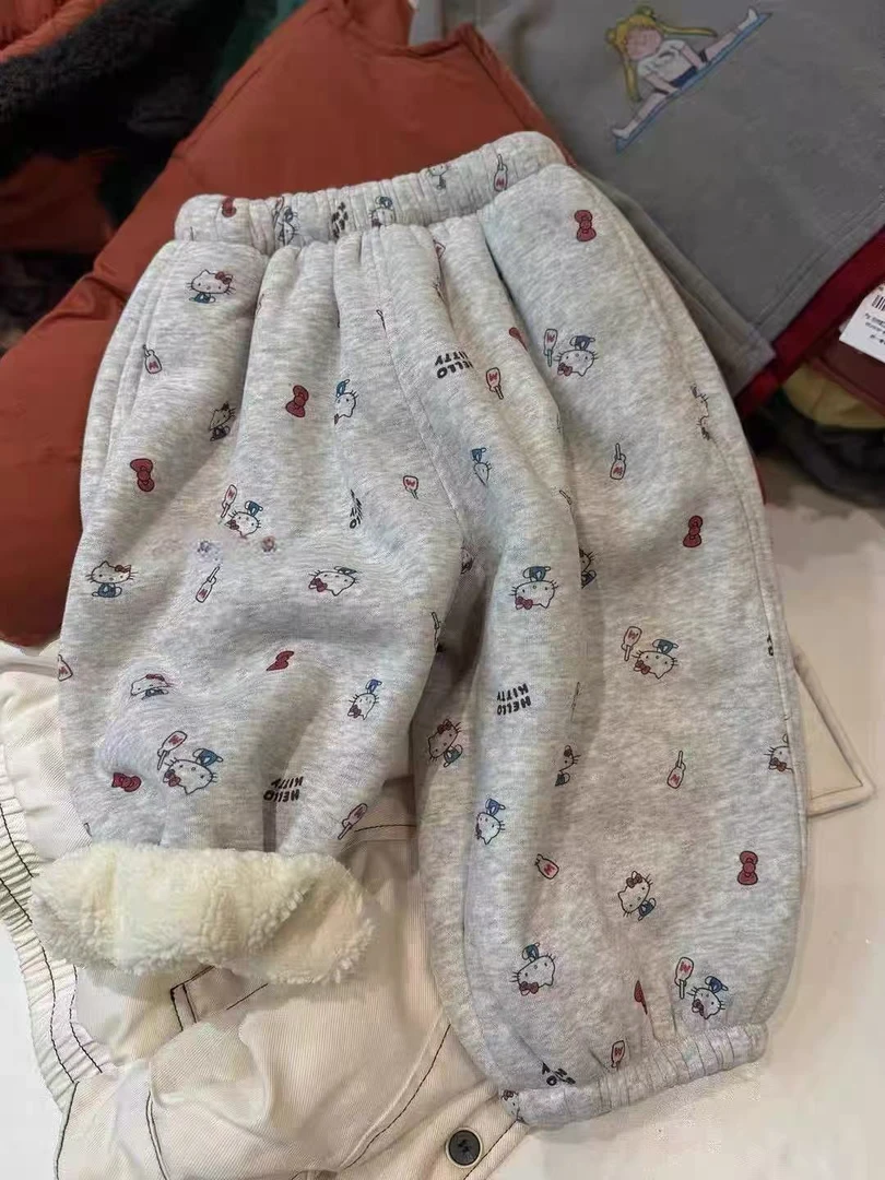 女童加绒裤子冬装2025新款时髦儿童可爱卡通kt猫卫裤宝宝束脚裤潮
