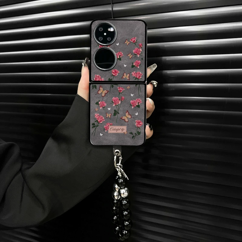 适用华为pocket2新款手机壳碎花翻毛皮折叠壳简约保护套
