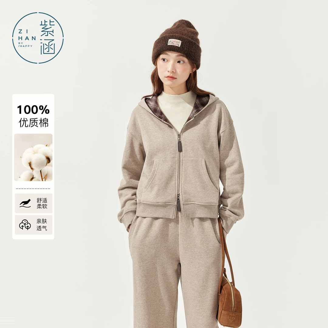 紫涵连帽卫衣外套女2025年冬季新款宽松慵懒双开拉链加绒上衣