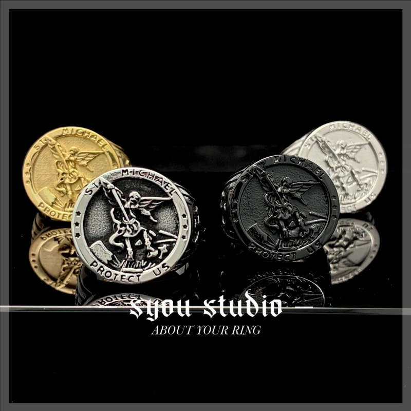 钛钢戒指 欧美复古大天使圣米迦勒钛钢戒指小众个性朋克中性指环