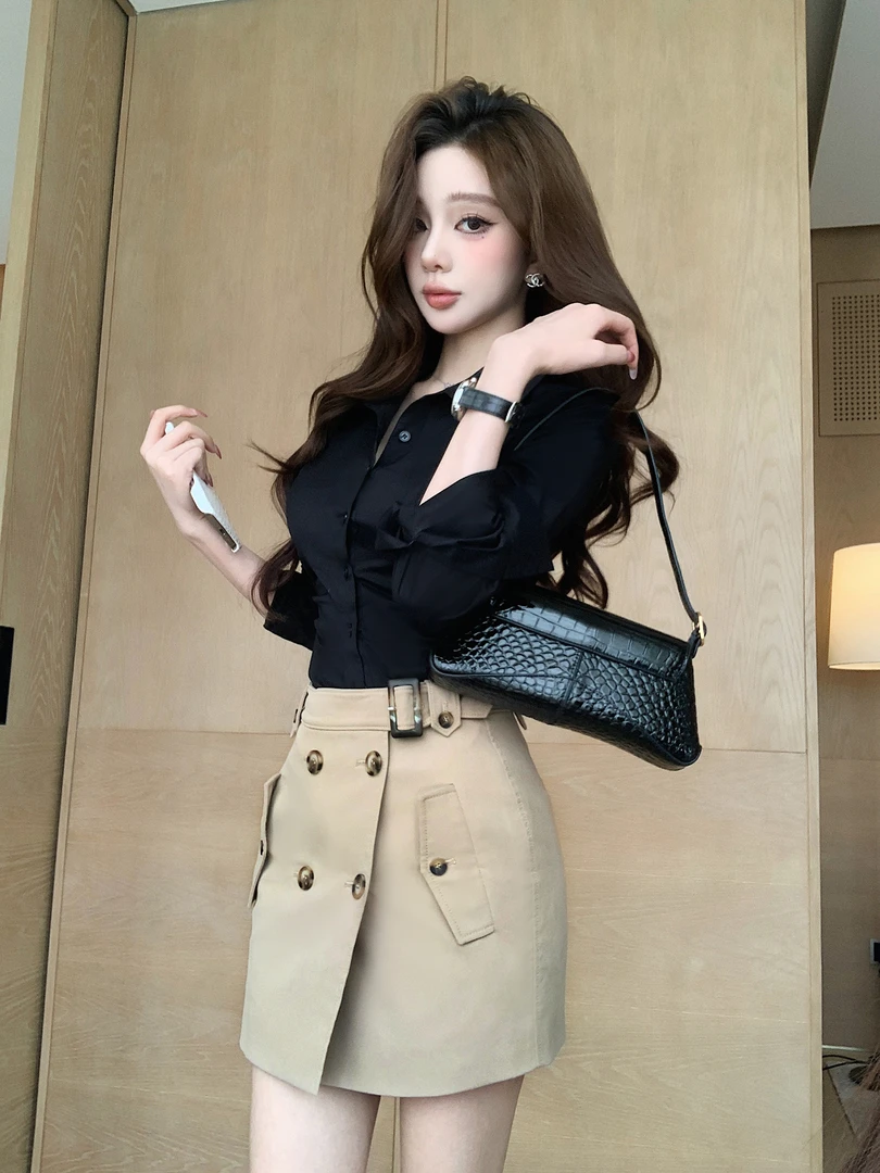 钓系姐姐 气质纯欲御姐修身黑色衬衫上衣显瘦卡其色性感包臀短裙