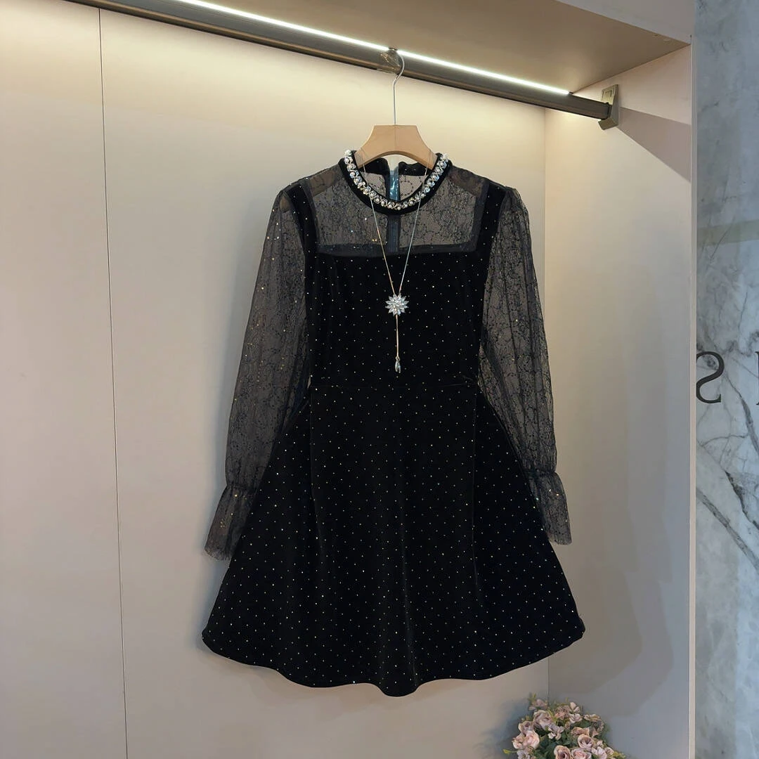 法式气质蕾丝拼接性感大码女装2025秋新款名媛重工钉珠裙子6183