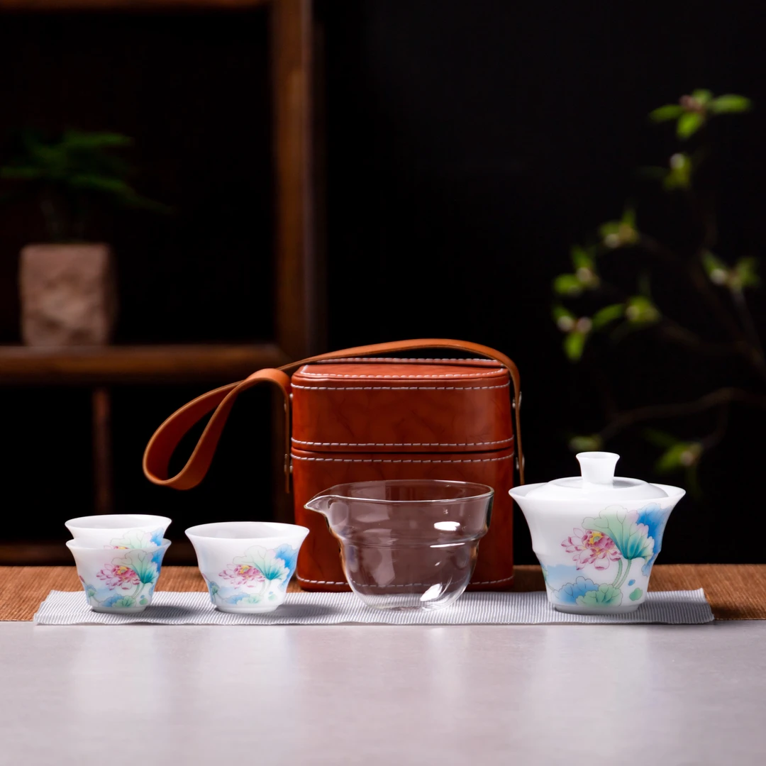 冰种玉瓷荷韵旅行茶具便携快客杯新中式陶瓷盖碗泡茶户外便携茶具