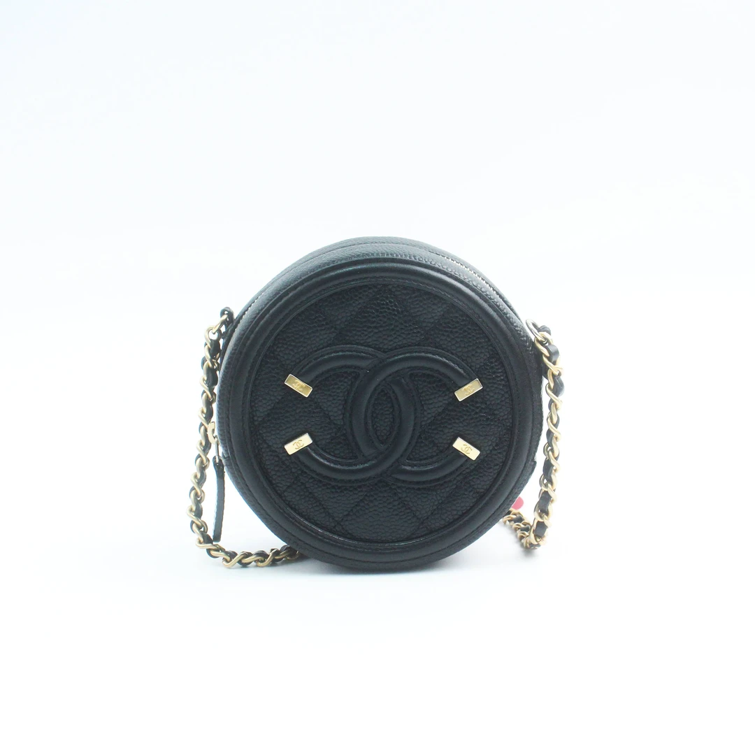 95新 Chanel/香奈儿 78609B 19S黑色荔枝纹圆饼单肩斜挎包