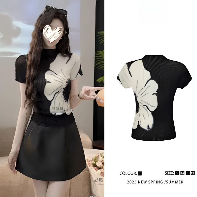 时髦透气花朵正肩大弹力短袖女2025夏新款宽松显瘦大码微胖黑上衣