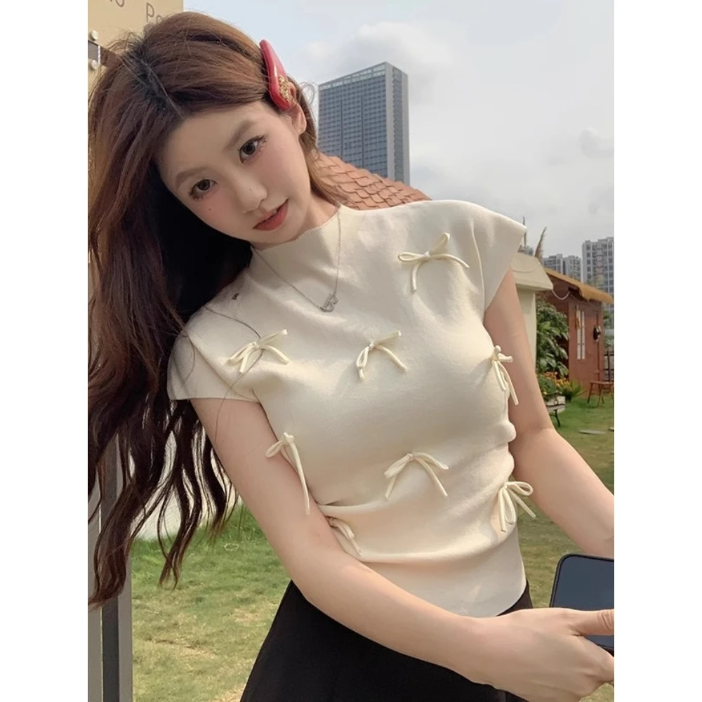 韩系温柔风蝴蝶结点缀半高领短袖针织衫女夏季新款气质超好看上衣
