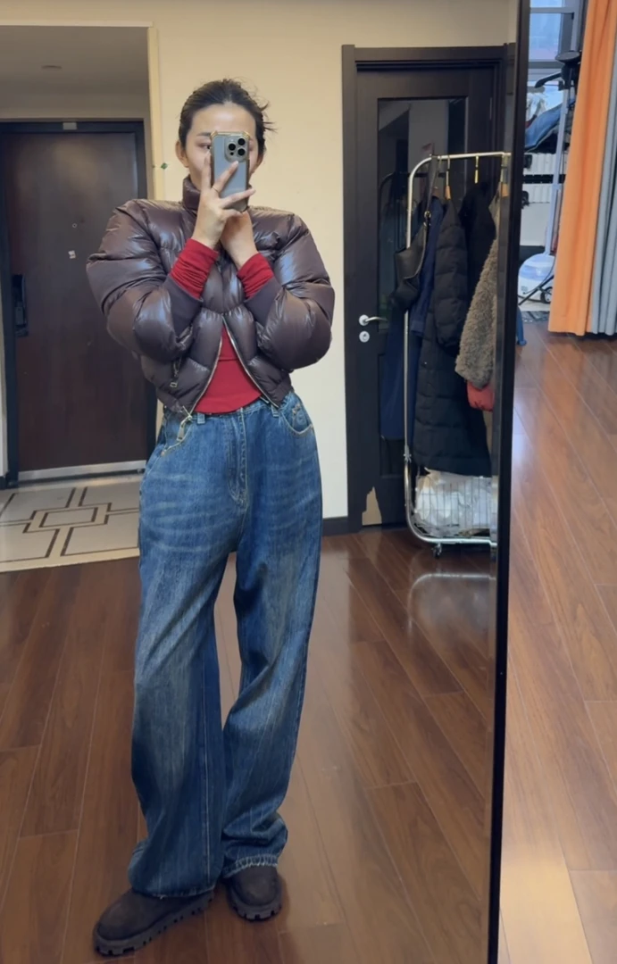 时尚气质复古直筒高腰长裤牛仔裤