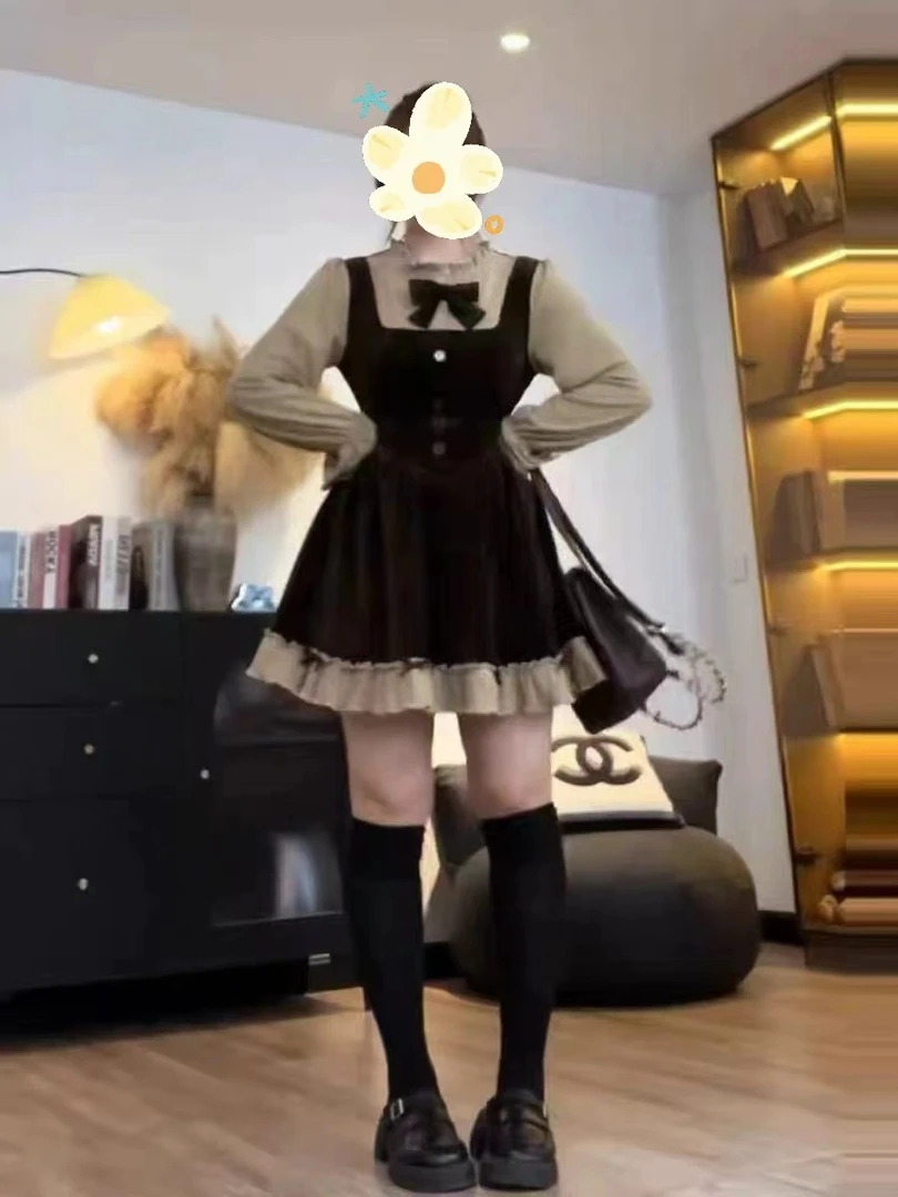 大码假两件撞色蝴蝶结连衣裙女春季胖mm显瘦初恋感遮肚子打底短裙