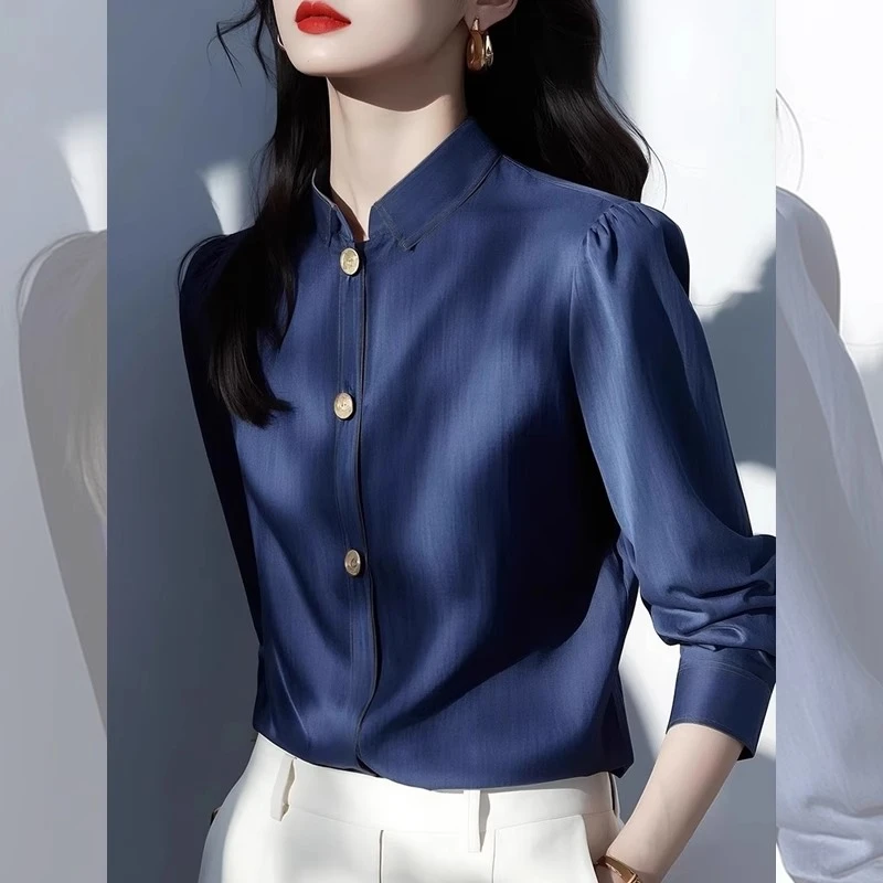 春季新款法式独特漂亮时尚洋气减龄高级感通勤蓝色叠穿衬衫女