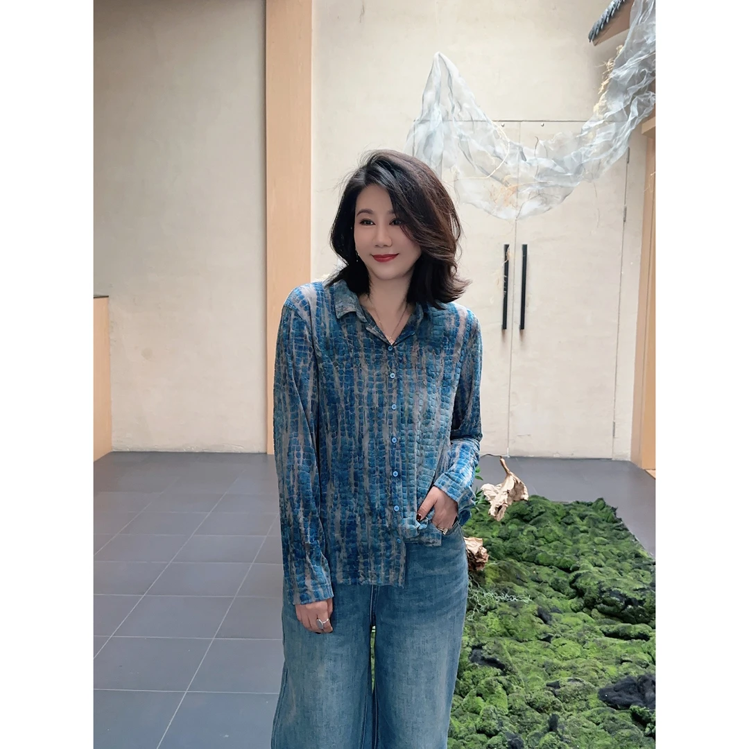 微胖女装【温哥华】设计感提花网纱衬衫衬衣复古高级感上衣20585