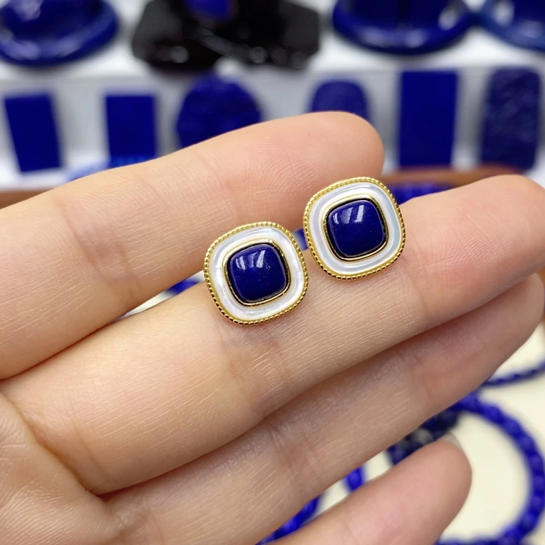 青金石耳饰银S925镀金镶嵌